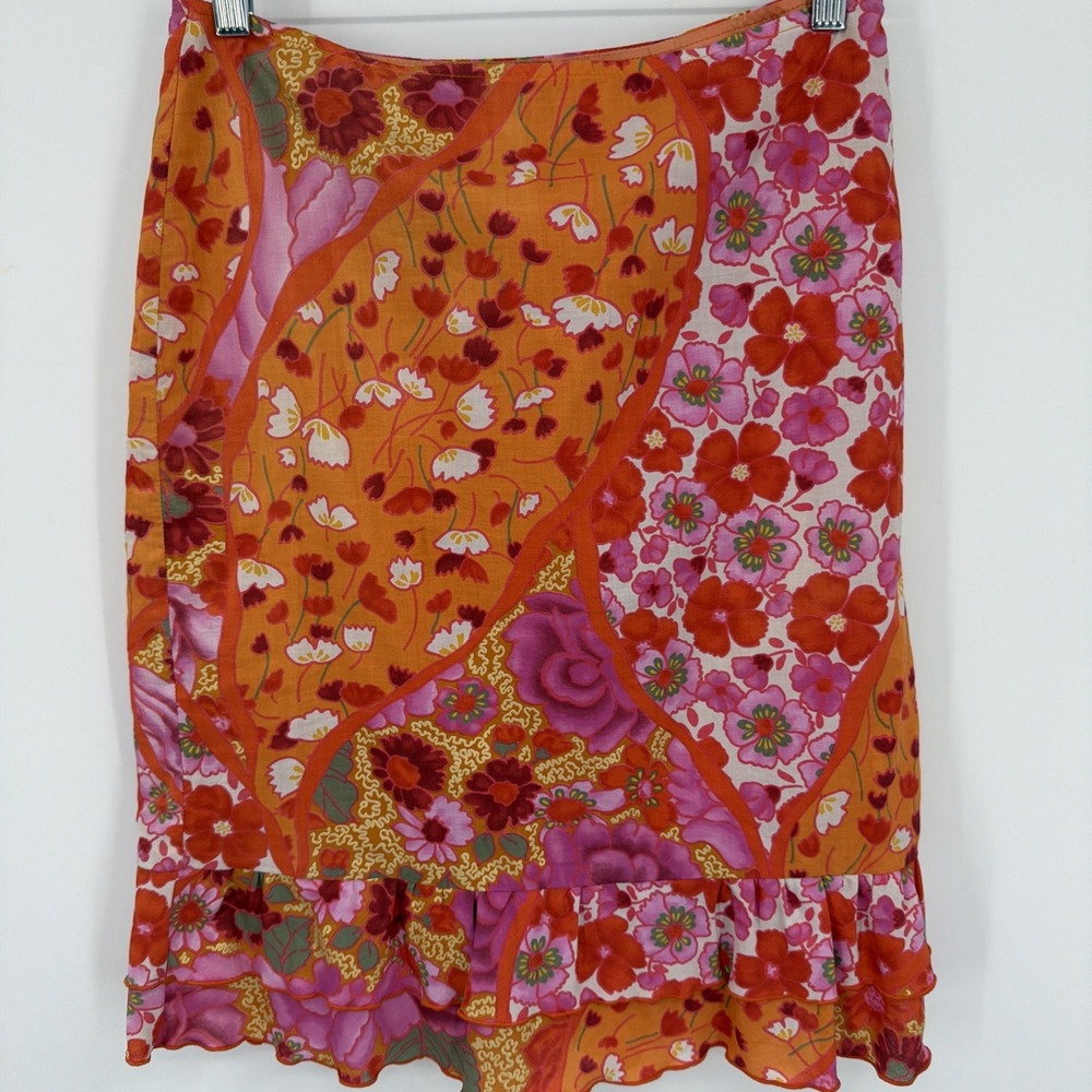 MISSONI Vtg 90s Cotton Floral Skirt 40 4 Orange Pink Floral Ruffled Lined Italy